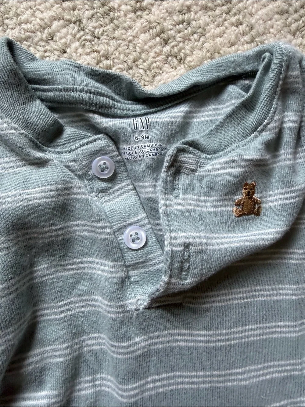 GAP, H&M & Old Navy Baby One-Piece Bodysuits in White, Navy, and Sage Green